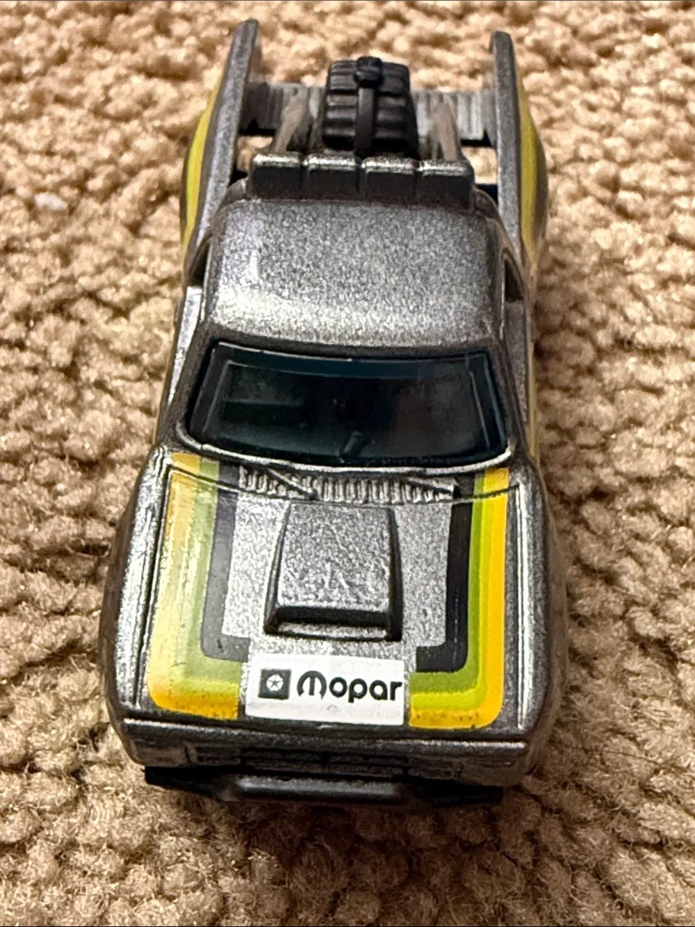 ‘87 Dodge Mattel Metallic Silver Mopar Tow Truck with Yellow and Black Stripes